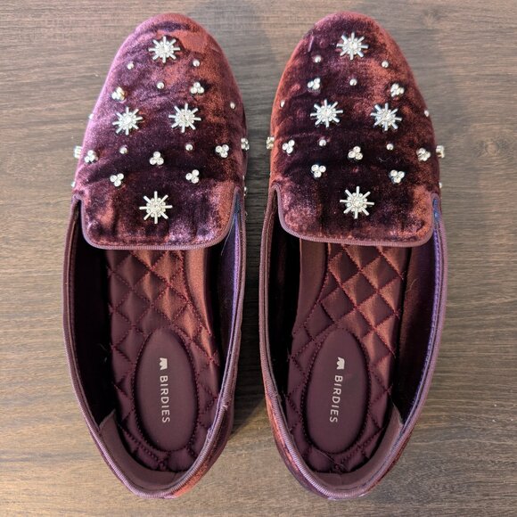 BIRDIES | The Starling Maroon Velvet Crystal Loafers - Picture 1 of 8